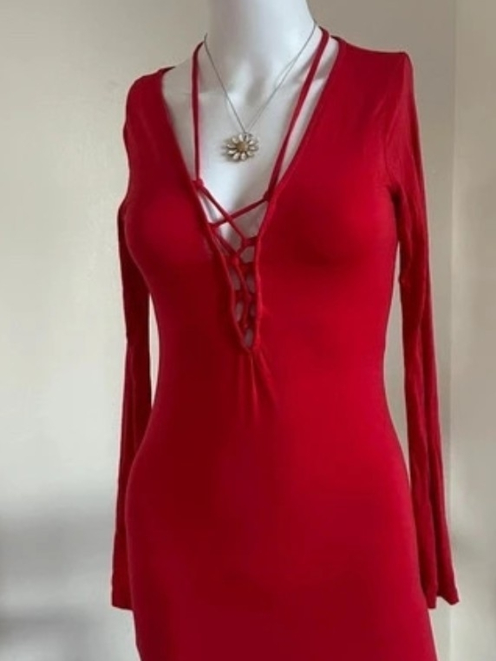 Red Long-Sleeve Plunge Lace-Up Women's Top